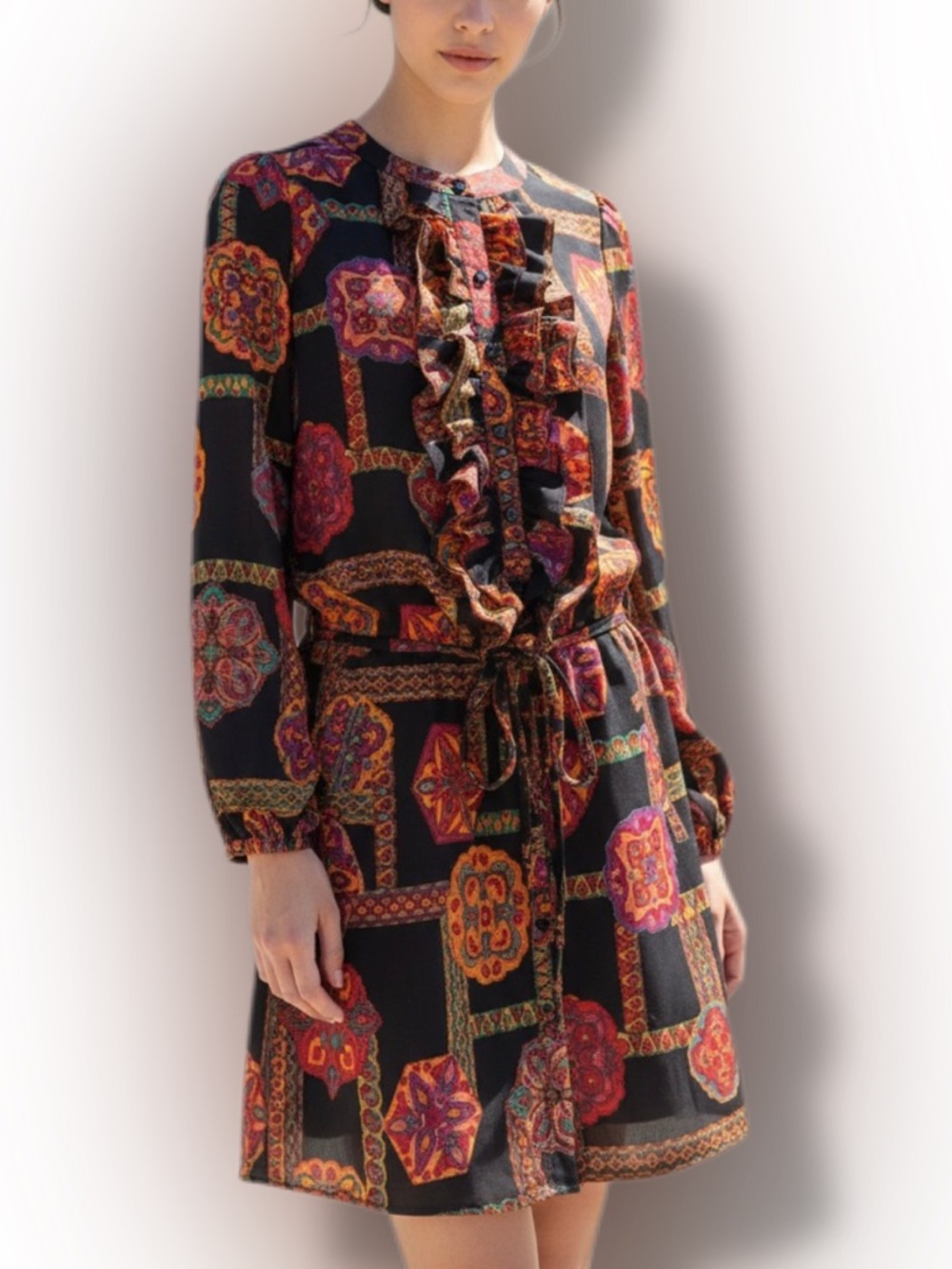 Phoebe Couture Black Long Sleeve Paisley Medallion Dress with Multicolor Accents